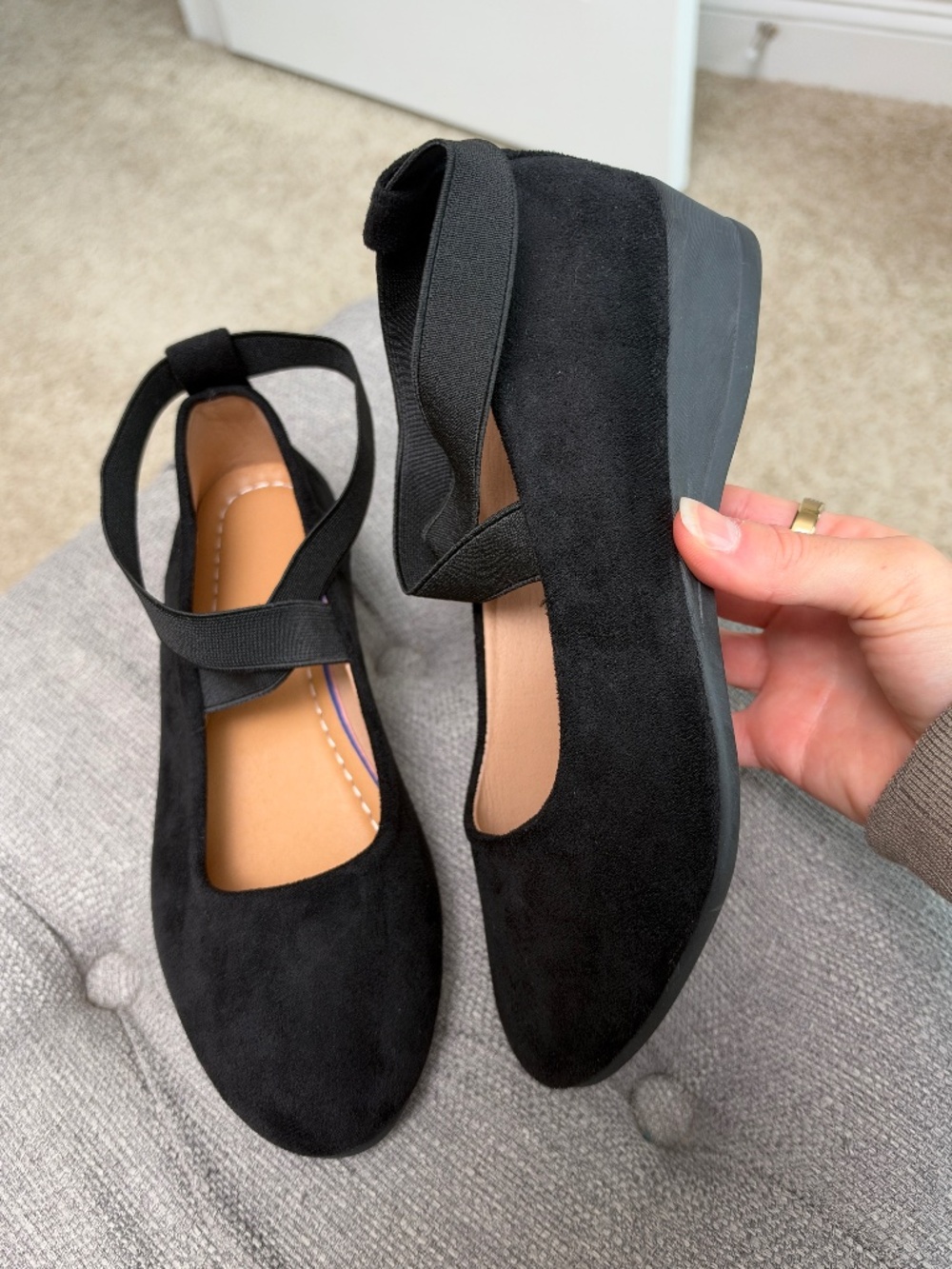 Black Suede Look Mary Jane Ballet Flats Crisscross Straps Wedge EU 37